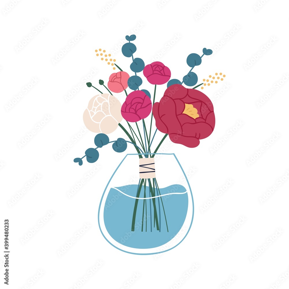 Floristic composition of ranunculus and eucalyptus garden flowers in glass vase. Beautiful spring bouquet. Bunch of blooming plants. Flat vector cartoon illustration isolated on white