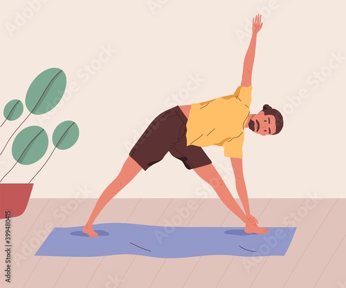 Young man practising yoga at home. Male character doing stretching indoors. Yogi doing parivritta trikonasana asana on mat. Vector illustration in flat cartoon style