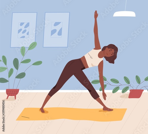 African american woman practising yoga at home. Female character doing asana or stretching indoors. Black yogini performing parivritta trikonasana on mat. Vector illustration in flat cartoon style