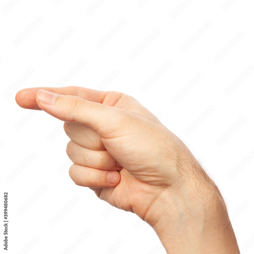 Man showing letter G isolated on white background, closeup. Finger spelling alphabet in American Sign Language. ASL concept Man showing letter G isolated on white background, closeup. Finger spelling alphabet in American Sign Language. ASL concept