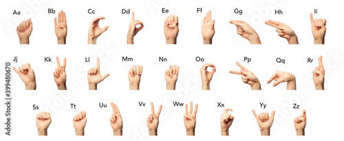 Fototapeta Naklejka Na Ścianę i Meble -  Set of man showing asl alphabet isolated on white background. Finger spelling letters from A to Z in American Sign Language. Sigh language concept