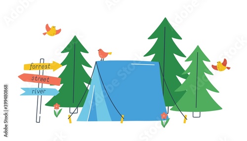 Touristic tent in wild forest with flying birds and road pointer. Concept of travel, recreation and ecotourism. Beautiful landscape with campground in the woods. Flat vector cartoon illustration