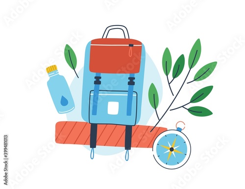 Concept of exploration, ecotourism and hiking. Composition of a backpack, bottle of water and compass decorated with leaves isolated on white background. Tourist flat vector cartoon illustration