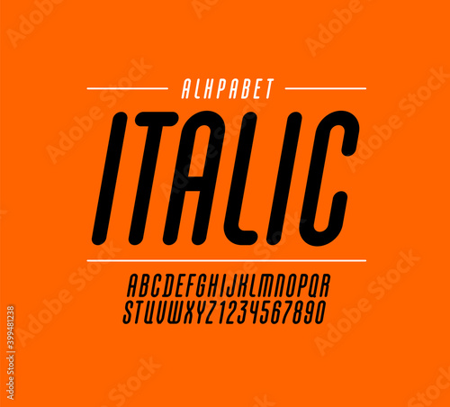 High italic font, rounded condensed alphabet sans serif, long black letters and numbers, vector illustration 10EPS