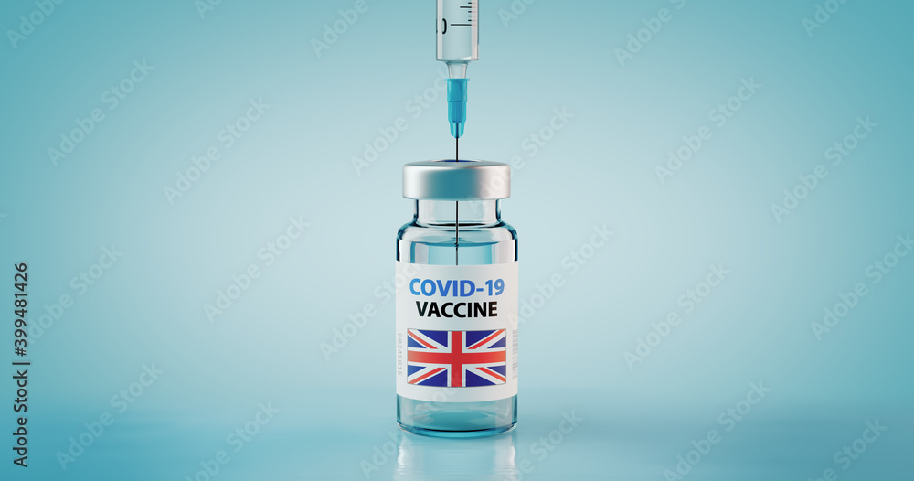 COVID-19 Coronavirus Vaccine and Syringe with flag of United Kingdom COVID-19 Coronavirus Vaccine and Syringe with flag of United Kingdom