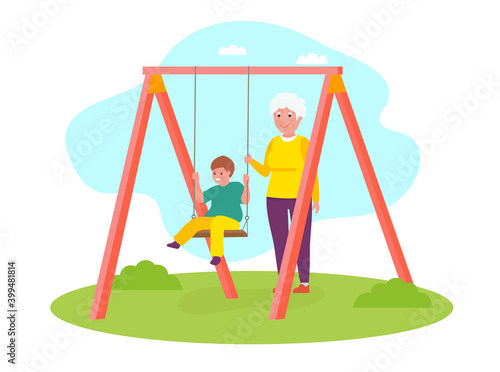Happy Grandson Kid Having Fun On Swing With Grandmother. Vector flat cartoon illustration.