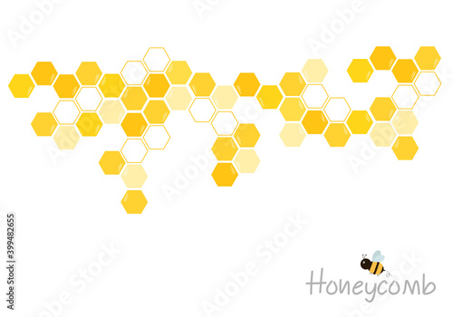 Abstract  honeycomb with hexagon grid cells, cartoon bee and hand written font isolated on white background vector illustration.