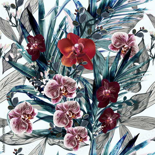 Beautiful tropical vector illustration with palm leaves and rochid flowers in...