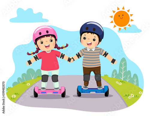 Vector illustration of happy kids in safety helmets riding on hoverboards in the park.