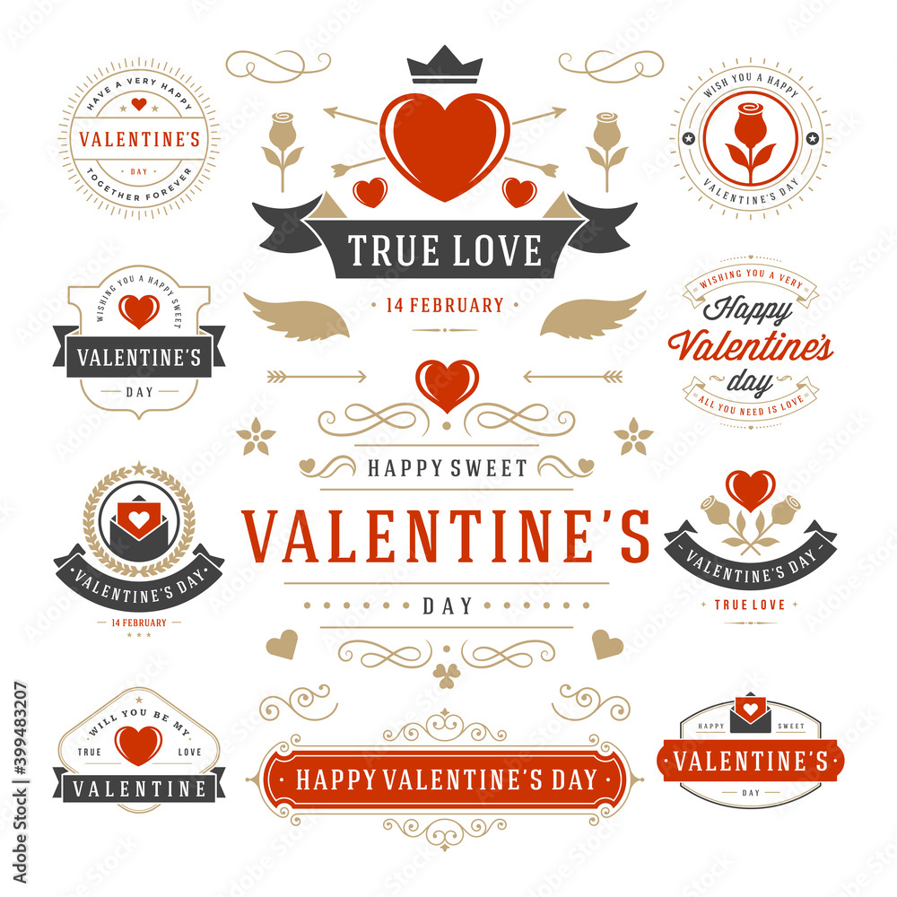 Valentines day vector labels and badges set hearts icons silhouettes for greetings cards