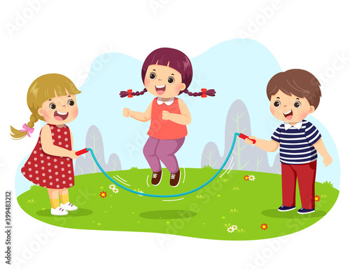 Vector illustration cartoon of kids jumping rope in the park.