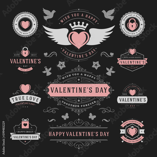 Valentines day vector labels and badges set hearts icons silhouettes for greetings cards