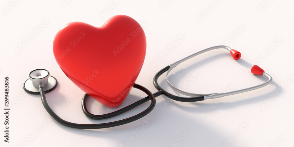 Stethoscope and red heart on white background. Health checkup cardio diagnosis concept. 3d illustration Stethoscope and red heart on white background. Health checkup cardio diagnosis concept. 3d illustration