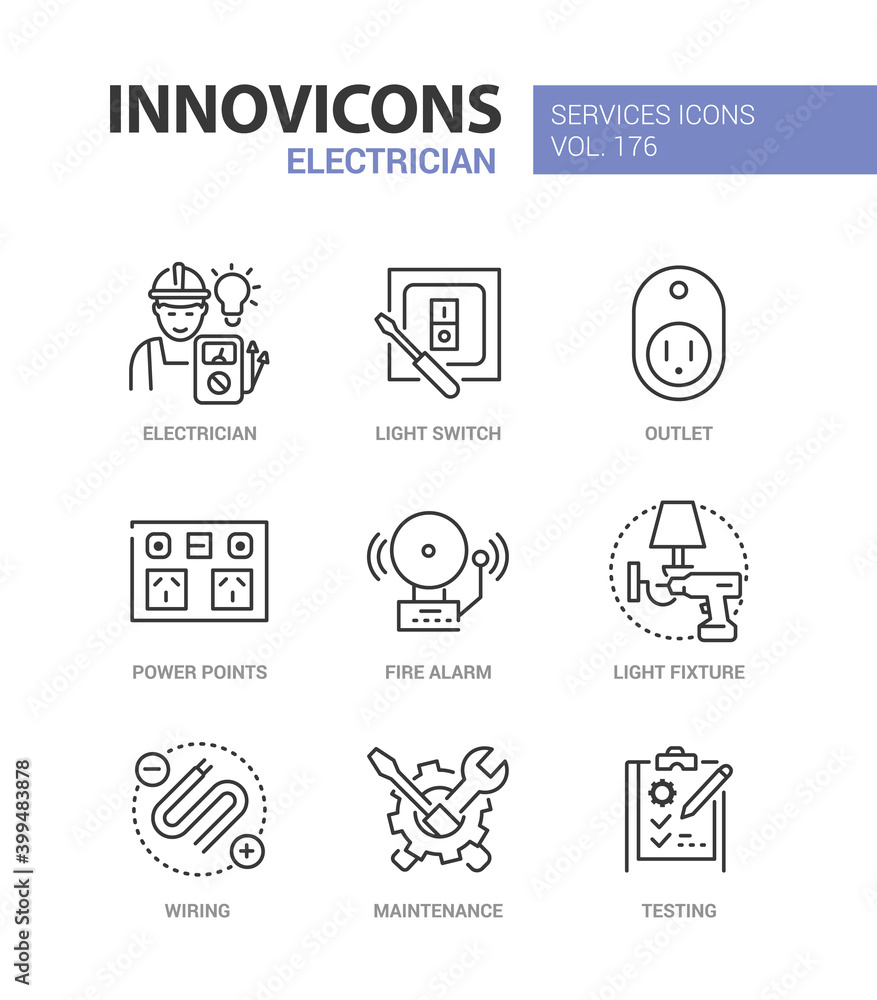 Electrician services - line design style icons set