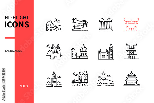 World famous landmarks - line design style icons