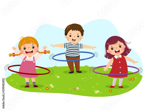 Vector illustration cartoon of kids playing hula hoop in the park.