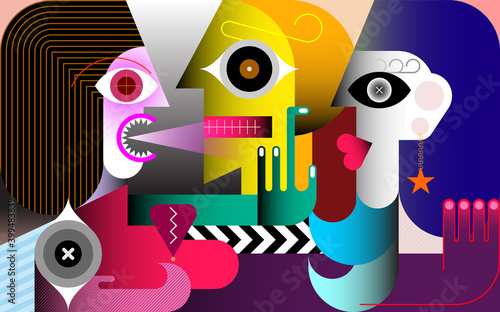 Jealousy modern art vector illustration. A woman screams at a man. Man cheating his girlfriend with another woman. Green-eyed monster.