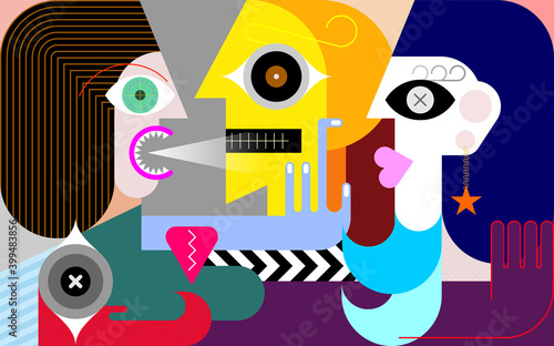 Jealousy modern art vector illustration. A woman screams at a man. Man cheating his girlfriend with another woman. Green-eyed monster.