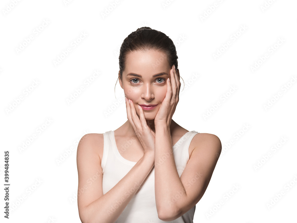 Beautiful woman with clean face skin hands manicure natural touching face Beautiful woman with clean face skin hands manicure natural touching face