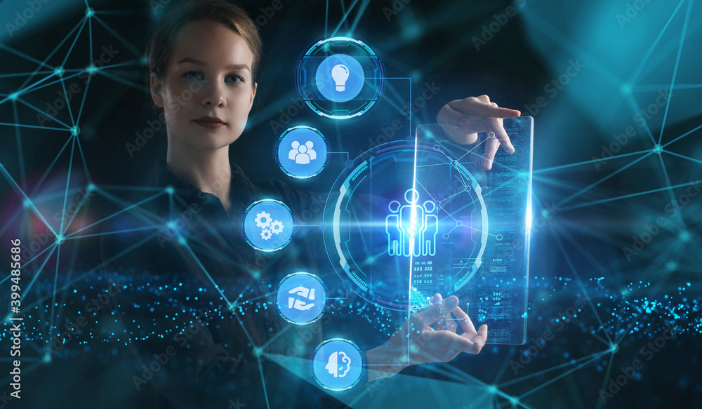 Business, Technology, Internet and network concept. Young businessman working on a virtual screen of the future and sees the inscription: Business, Technology, Internet and network concept. Young businessman working on a virtual screen of the future and sees the inscription:
