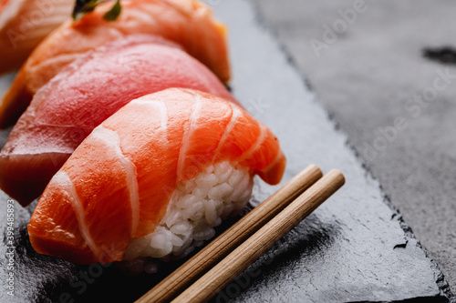 Clsoe up of nigiri sushi on plate