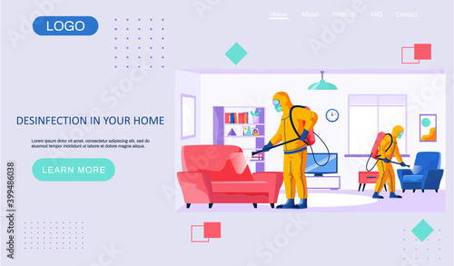 Desinfection in your home landing page template with a description of the sanitary service. Man in a yellow protective suit disinfects the living room or office with a spray gun. Virus pandemic