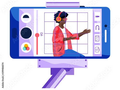Woman in red headphones with a phone in her hands. Female character in a red sweater is singing and recording song. A person watches a broadcast from the phone fixed to a monopod vector illustration