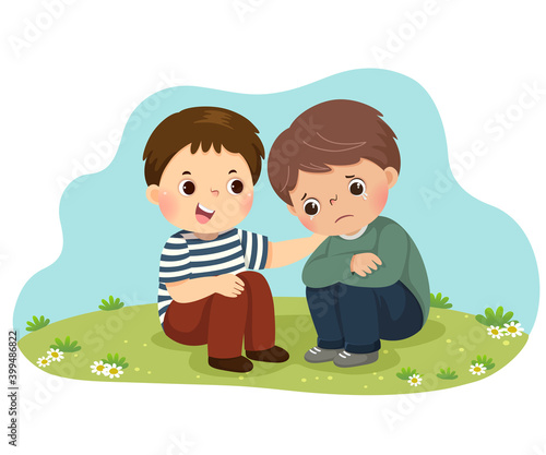Vector illustration cartoon of little boy consoling his crying friend