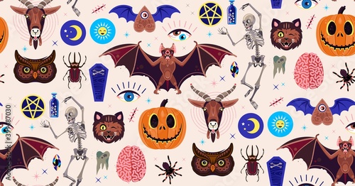 Occultism Set. Seamless Pattern With Magic Characters. Goat, Pumpkin, Cat, Skeleton, Beetle, Owl, Spider, and Other Symbols. Vector Illustration For Kids.