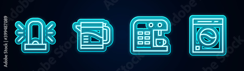 Set line Flasher siren, Electric kettle, Coffee machine and Washer. Glowing neon icon. Vector.