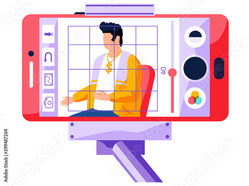 Video player with button on smartphone screen in selfie stick. Male character in a yellow jacket is recording a video message. A person watches broadcast from phone fixed to monopod isolated on white