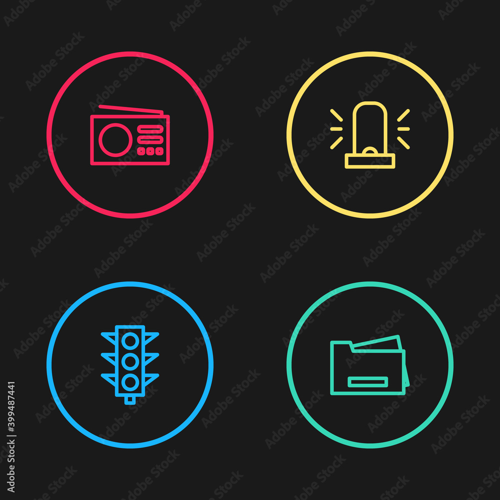 Set line Traffic light, Printer, Flasher siren and Radio icon. Vector. Set line Traffic light, Printer, Flasher siren and Radio icon. Vector.