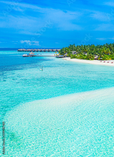 Maldives paradise scenery. Tropical aerial landscape, seascape, water villas with amazing sea and lagoon beach, tropical nature. Exotic tourism destination banner, summer aerial vacation, drone view