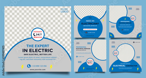 Electrical service. Minimal square banner templates. Blue and gray  background color. Suitable for social media post and web internet ads. Vector illustration with photo frame.