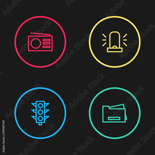 Set line Traffic light, Printer, Flasher siren and Radio icon. Vector.