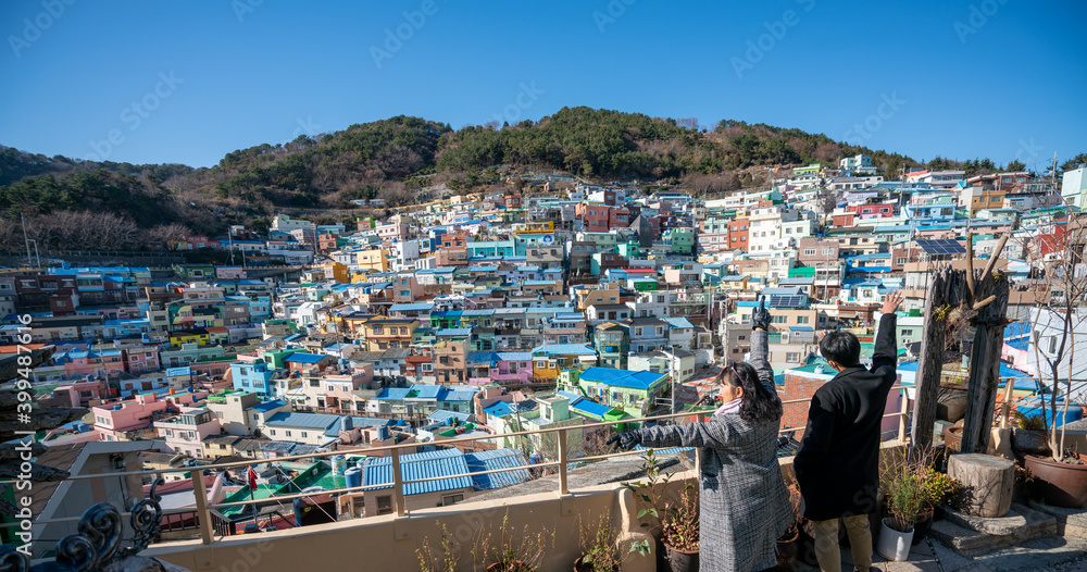 Happy trip in Gamcheon Culture village Busan South Korea. Best Things to Do for Couples in Gamcheon Culture Village's mountainside houses and maze-like alleys.