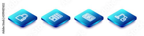 Set Isometric line Safe combination lock, House, Electrical outlet and Robotic robot arm hand factory icon. Vector.