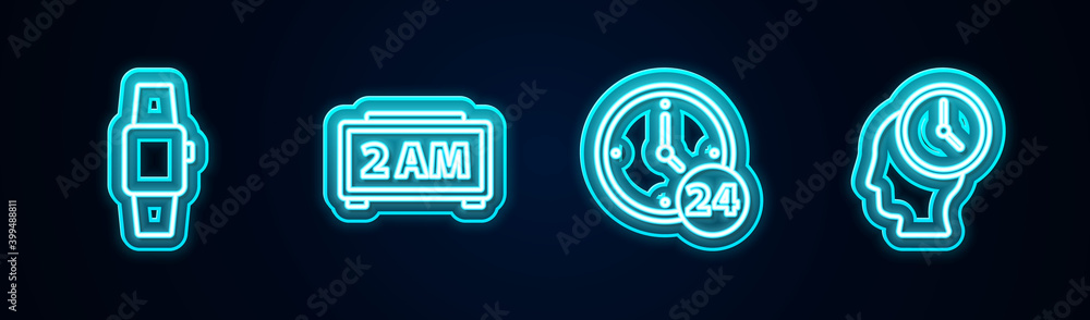 Set line Smartwatch, Digital alarm clock, Clock 24 hours and Time Management. Glowing neon icon. Vector. Set line Smartwatch, Digital alarm clock, Clock 24 hours and Time Management. Glowing neon icon. Vector.