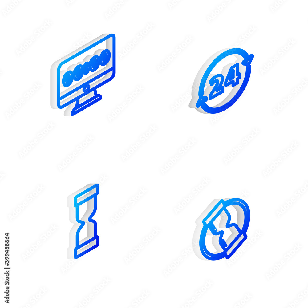 Set Isometric line Clock 24 hours, on monitor, Old hourglass and icon. Vector. Set Isometric line Clock 24 hours, on monitor, Old hourglass and icon. Vector.