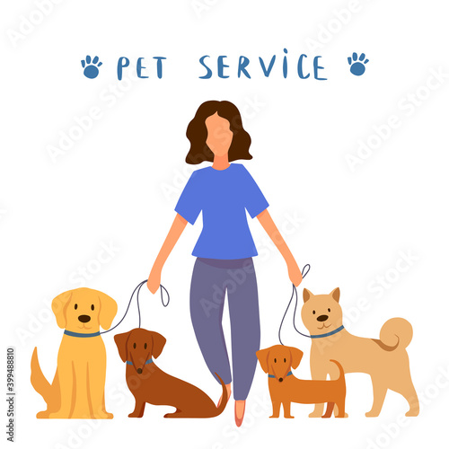 Professional dog handler walks with pet in park. Concept of dog walking service, volunteering, sitter, walker, pet care, dog shelter. Design for poster, banner, flyer, web.