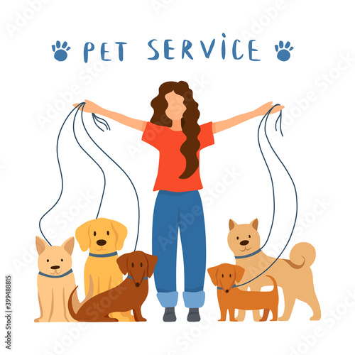 Professional dog handler walks with pet in park. Concept of dog walking service, volunteering, sitter, walker, pet care, dog shelter. Design for poster, banner, flyer, web.