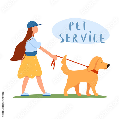 Professional dog handler walks with pet in park. Concept of dog walking service, volunteering, sitter, walker, pet care, dog shelter. Design for poster, banner, flyer, web.