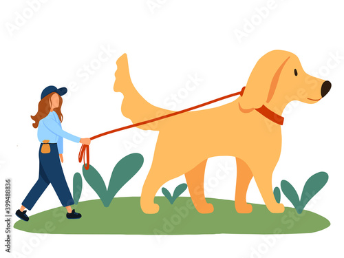 Professional dog handler walks with pet in park. Concept of dog walking service, volunteering, sitter, walker, pet care, dog shelter. Design for poster, banner, flyer, web.