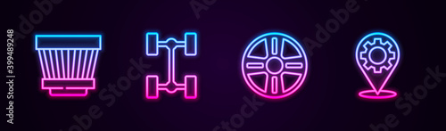 Set line Car air filter, Chassis car, Alloy wheel and service. Glowing neon icon. Vector.