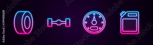 Set line Car tire, Chassis car, Speedometer and Canister for gasoline. Glowing neon icon. Vector.