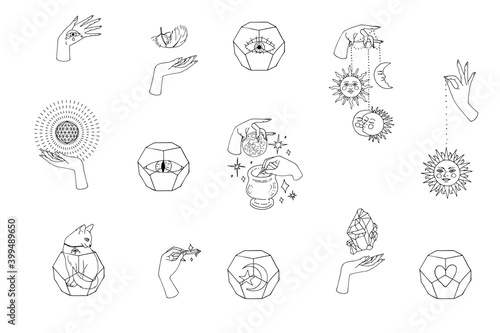 Set of line art witchcraft and magic items and scenes. Witchy mystical clipart.