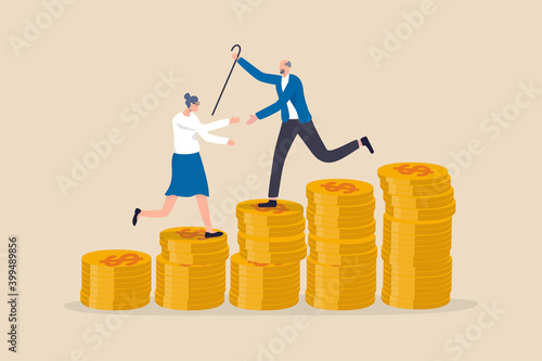 Retirement saving or investment pension fund, planning for wealth and expense for living after retire concept, happy rich elderly couple old man and woman walking on stack of growth money coins saving