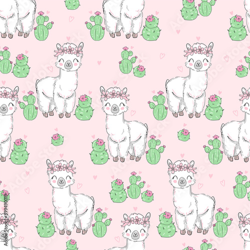 Cute white llama with cactus Pattern seamless print design for a children's theme vector illustration