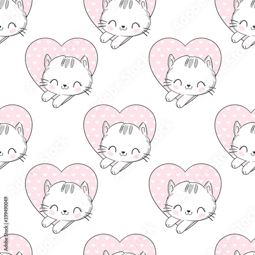 Hand Drawn Vector Illustration of cute cat illustration pattern, print design cat, children print on t-shirt, sketch cat seamless