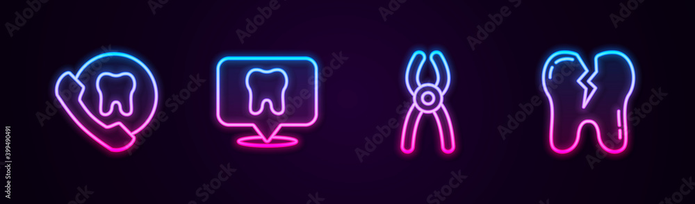 Set line Online dental care, Dental clinic location, pliers and Broken tooth. Glowing neon icon. Vector. Set line Online dental care, Dental clinic location, pliers and Broken tooth. Glowing neon icon. Vector.